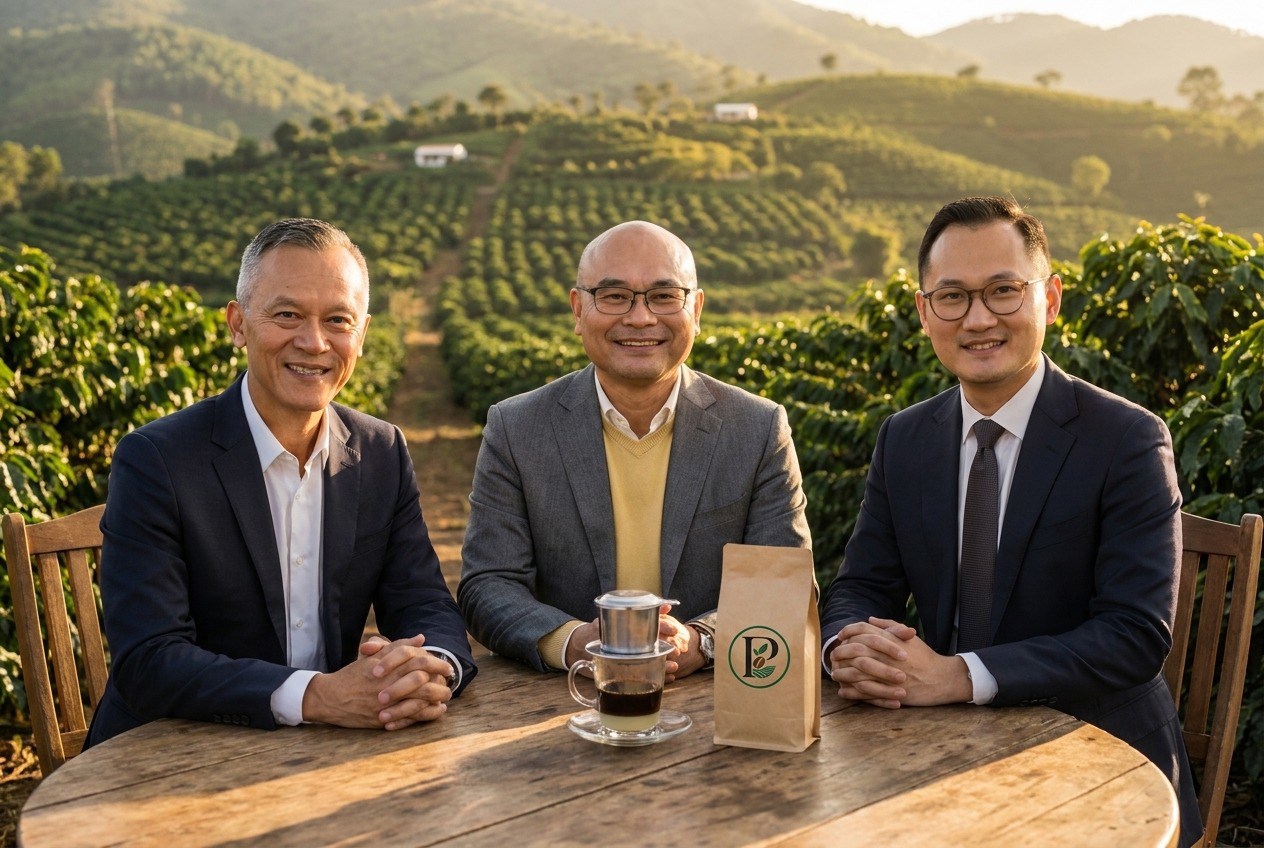Wayne Phan, Brian Phan, and Tin Phan, co-founders of Phan Coffee Co., together at a Vietnamese coffee farm