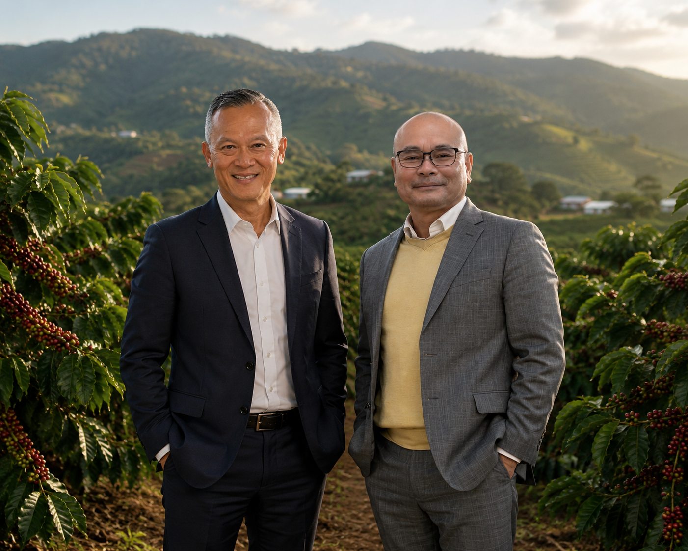 Wayne Phan and Brian Phan standing in a Vietnamese coffee farm